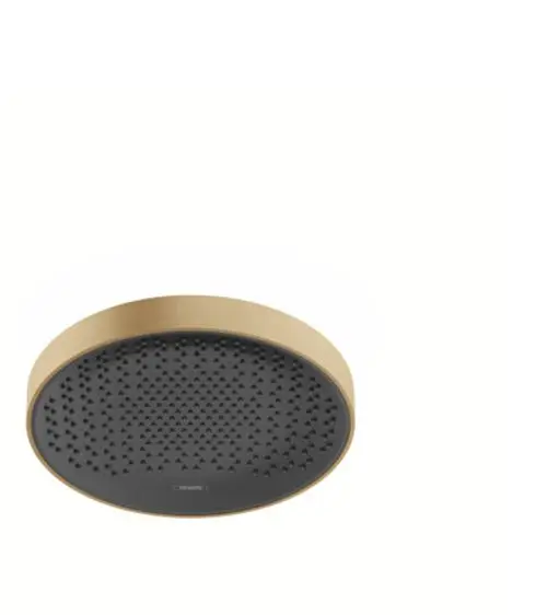 Runde Kopfbrause von Hansgrohe mit einer brushed bronze Oberfläche und einem perforierten schwarzen Kopf zur Wasserverteilung.